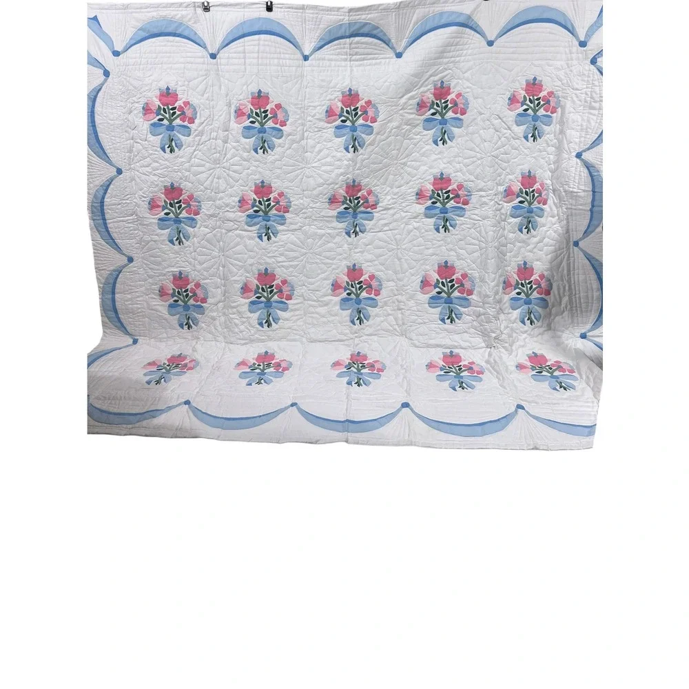 Vintage Cottage Floral Quilt Blue Pink‎ Bow Motif Queen 90x100 Arch